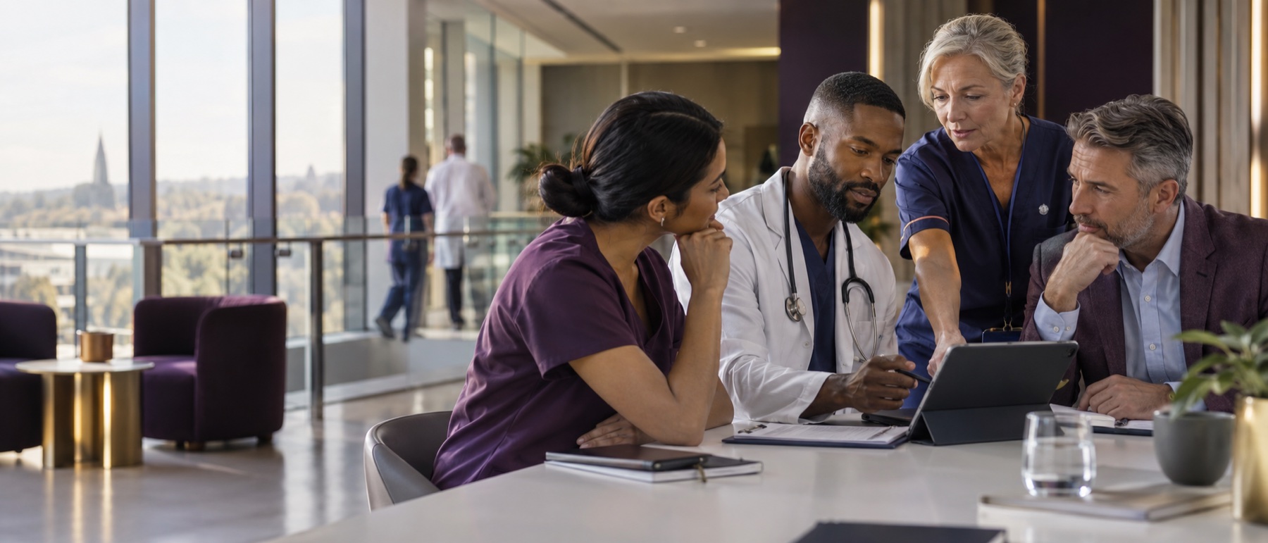 Healthcare leaders discussing workforce strategy in a contemporary clinical setting